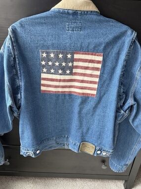 Polo Ralph Lauren 🇺🇸 USA Flag Denim Jean Jacket Large GUC Biker Prep Oxford
